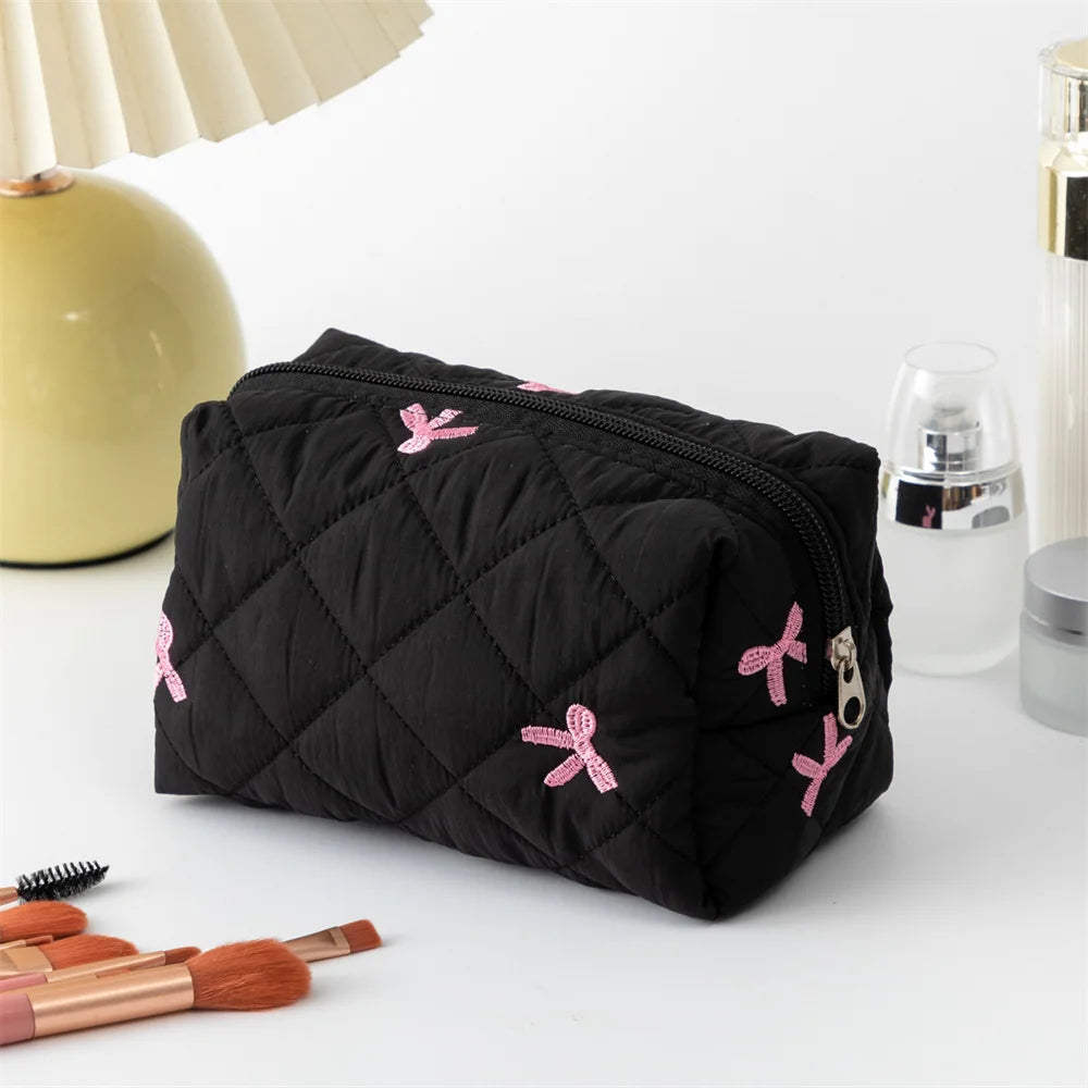Trousse de maquillage pour femme avec nœud brodé, trousse de voyage grande capacité pour ranger produits de toilette et maquillage