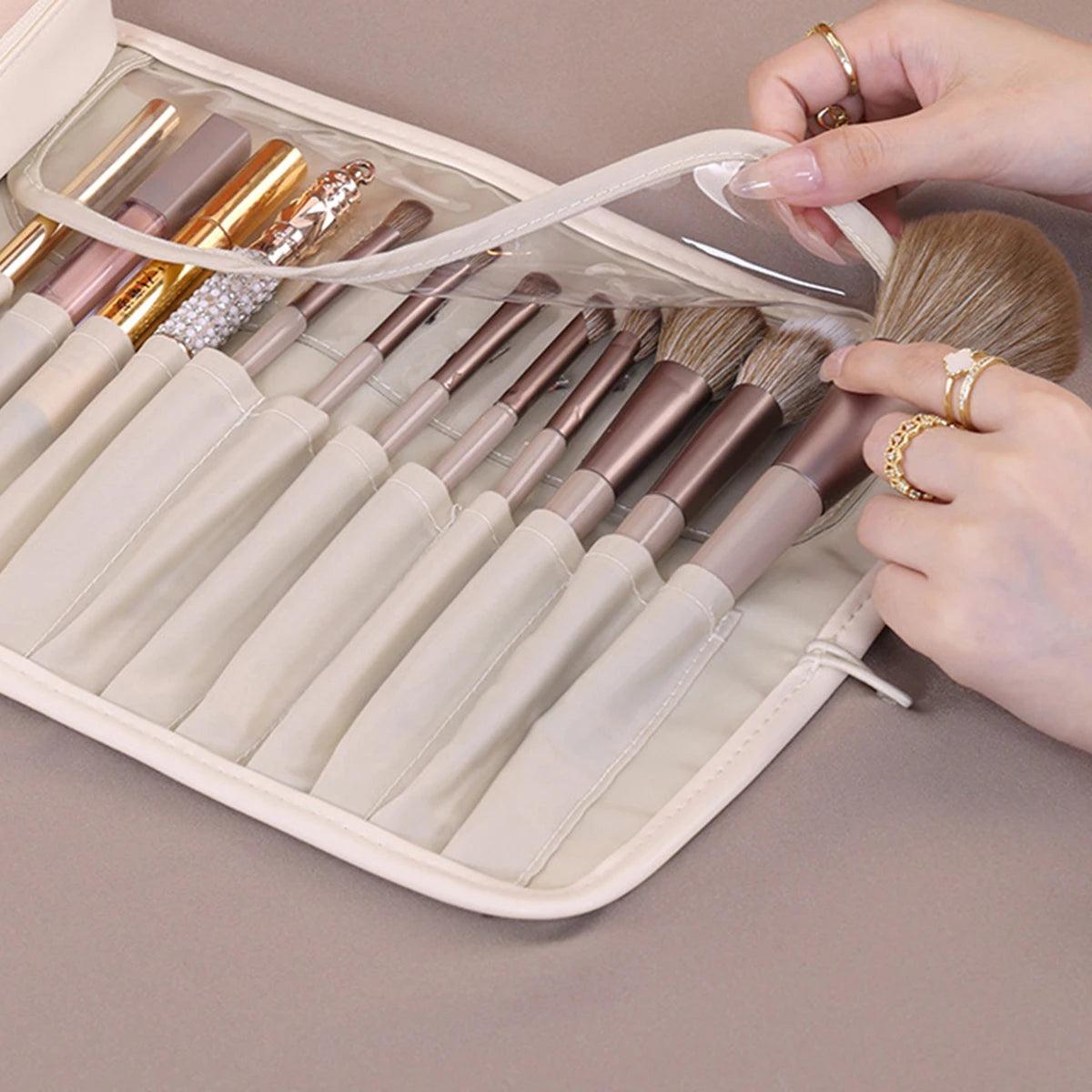 Trousse de maquillage portable en PU, multifonctionnelle et pliable, organiseur de voyage pour cosmétiques, pinceaux, crayons à sourcils, rangement, idée cadeau pour les vacances