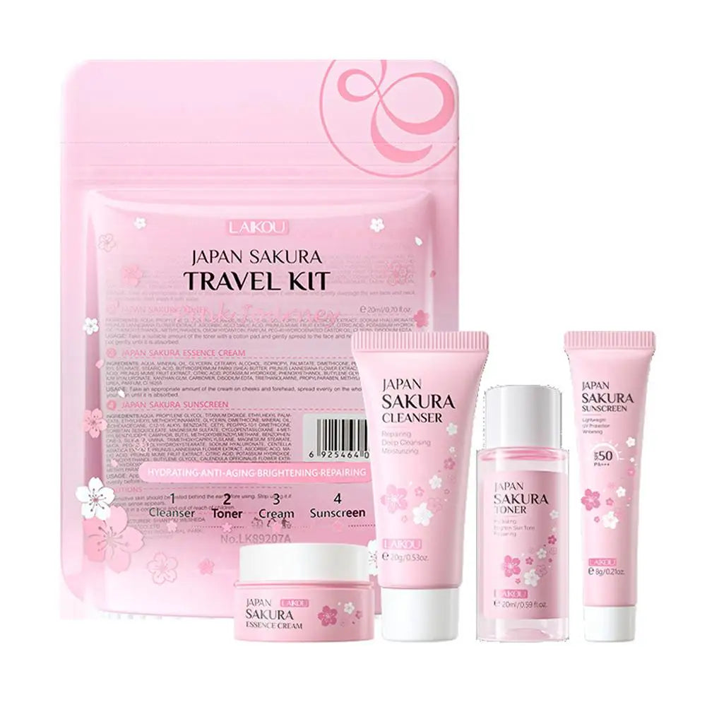 Coffrets de soins de la peau Sakura avec nettoyant, sérum, crème pour les yeux, crème pour le visage, produits de beauté solaires pour femmes, kit de soins de la peau de voyage