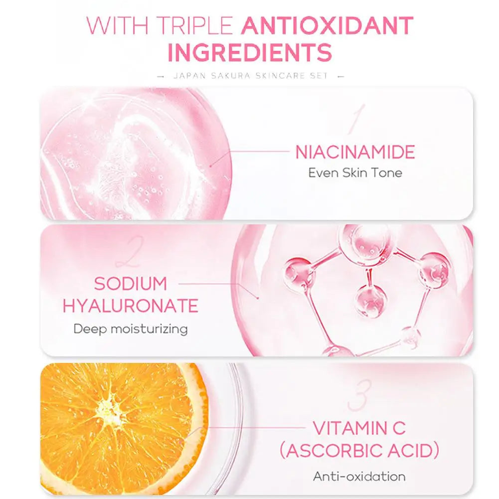 Coffrets de soins de la peau Sakura avec nettoyant, sérum, crème pour les yeux, crème pour le visage, produits de beauté solaires pour femmes, kit de soins de la peau de voyage