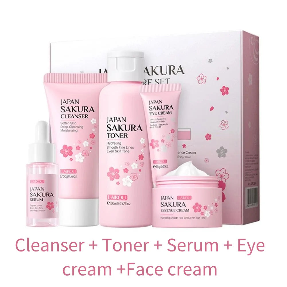 Coffrets de soins de la peau Sakura avec nettoyant, sérum, crème pour les yeux, crème pour le visage, produits de beauté solaires pour femmes, kit de soins de la peau de voyage