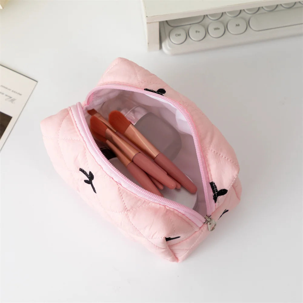 Trousse de maquillage pour femme avec nœud brodé, trousse de voyage grande capacité pour ranger produits de toilette et maquillage