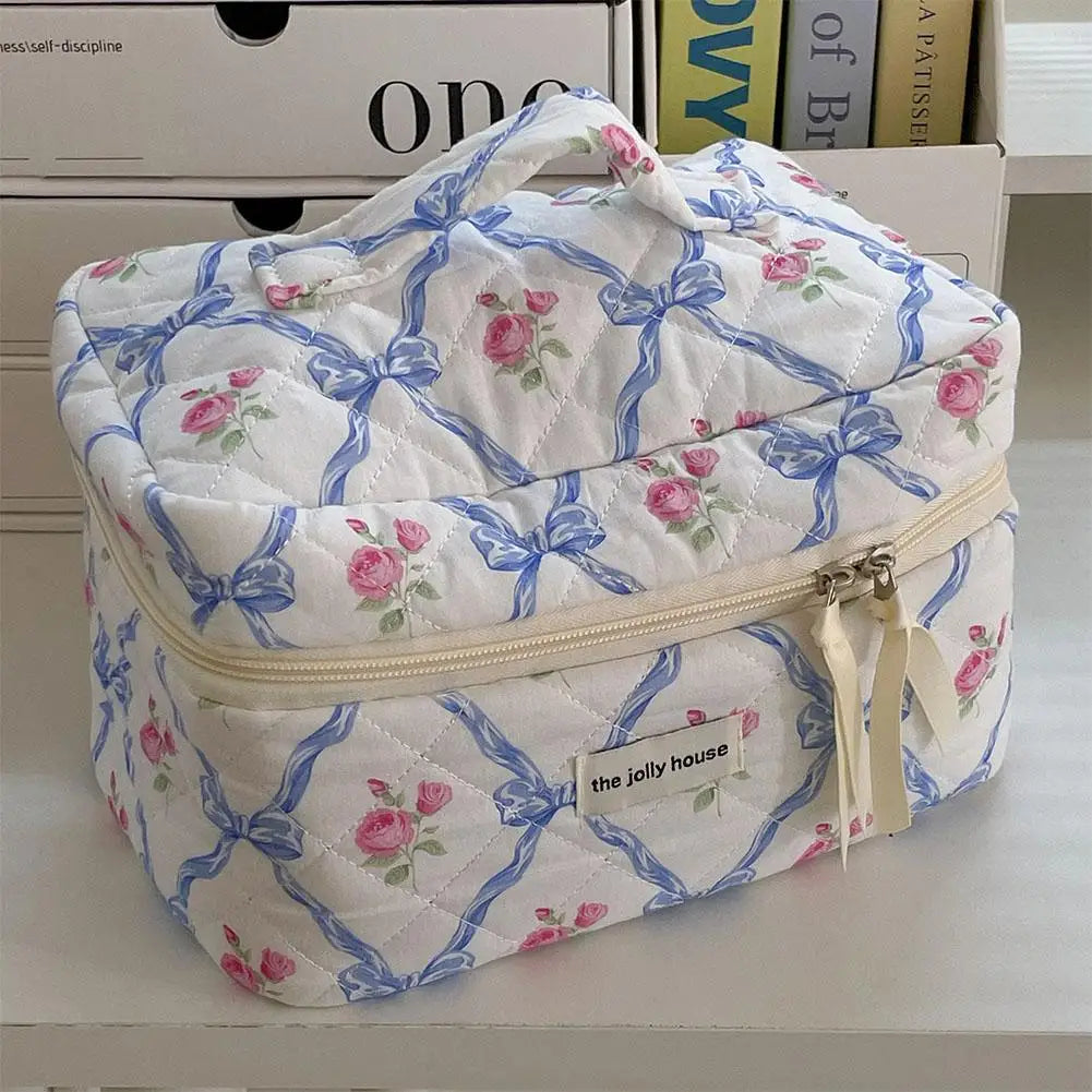 Trousse de maquillage matelassée à motif floral et nœud pour femme, organiseur de cosmétiques à fermeture éclair, sac à main en tissu, trousse de toilette portable pour filles