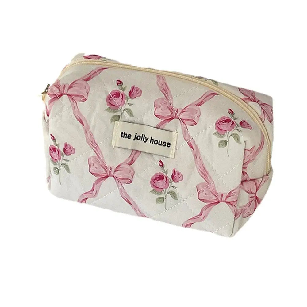 Trousse de maquillage matelassée à motif floral et nœud pour femme, organiseur de cosmétiques à fermeture éclair, sac à main en tissu, trousse de toilette portable pour filles
