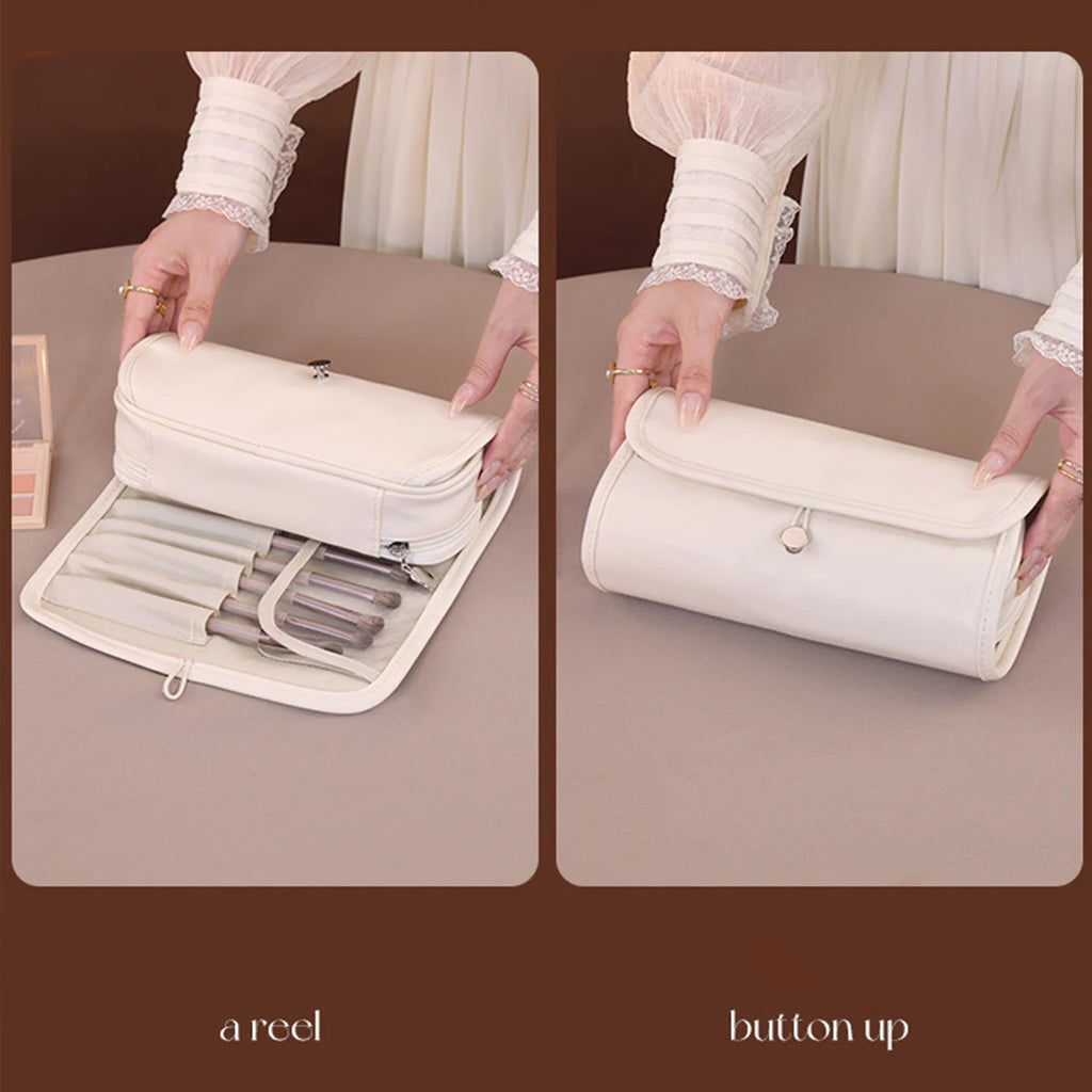 Trousse de maquillage portable en PU, multifonctionnelle et pliable, organiseur de voyage pour cosmétiques, pinceaux, crayons à sourcils, rangement, idée cadeau pour les vacances