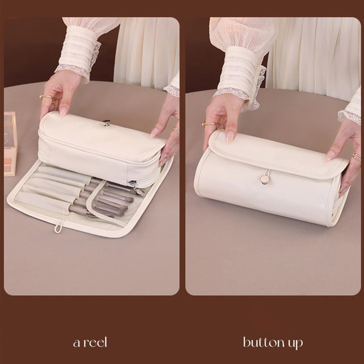 Trousse de maquillage portable en PU, multifonctionnelle et pliable, organiseur de voyage pour cosmétiques, pinceaux, crayons à sourcils, rangement, idée cadeau pour les vacances