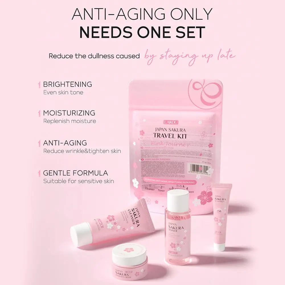 Coffrets de soins de la peau Sakura avec nettoyant, sérum, crème pour les yeux, crème pour le visage, produits de beauté solaires pour femmes, kit de soins de la peau de voyage