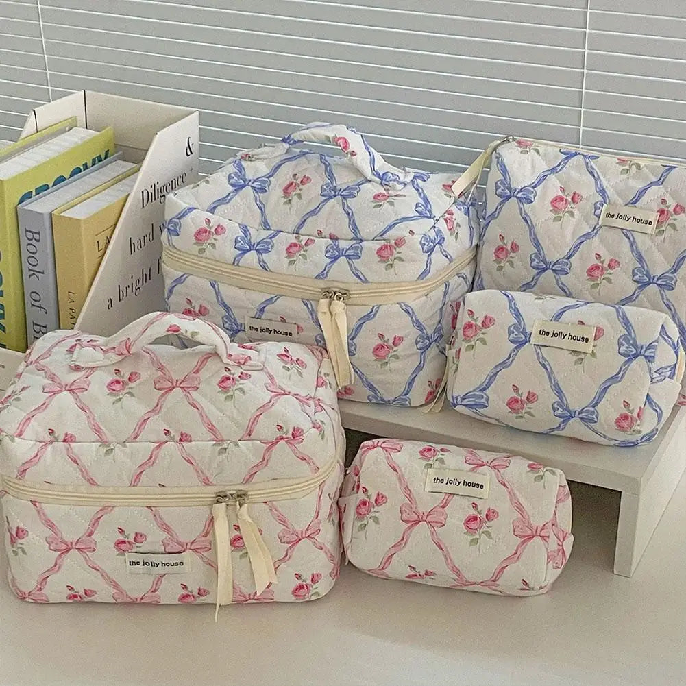Trousse de maquillage matelassée à motif floral et nœud pour femme, organiseur de cosmétiques à fermeture éclair, sac à main en tissu, trousse de toilette portable pour filles