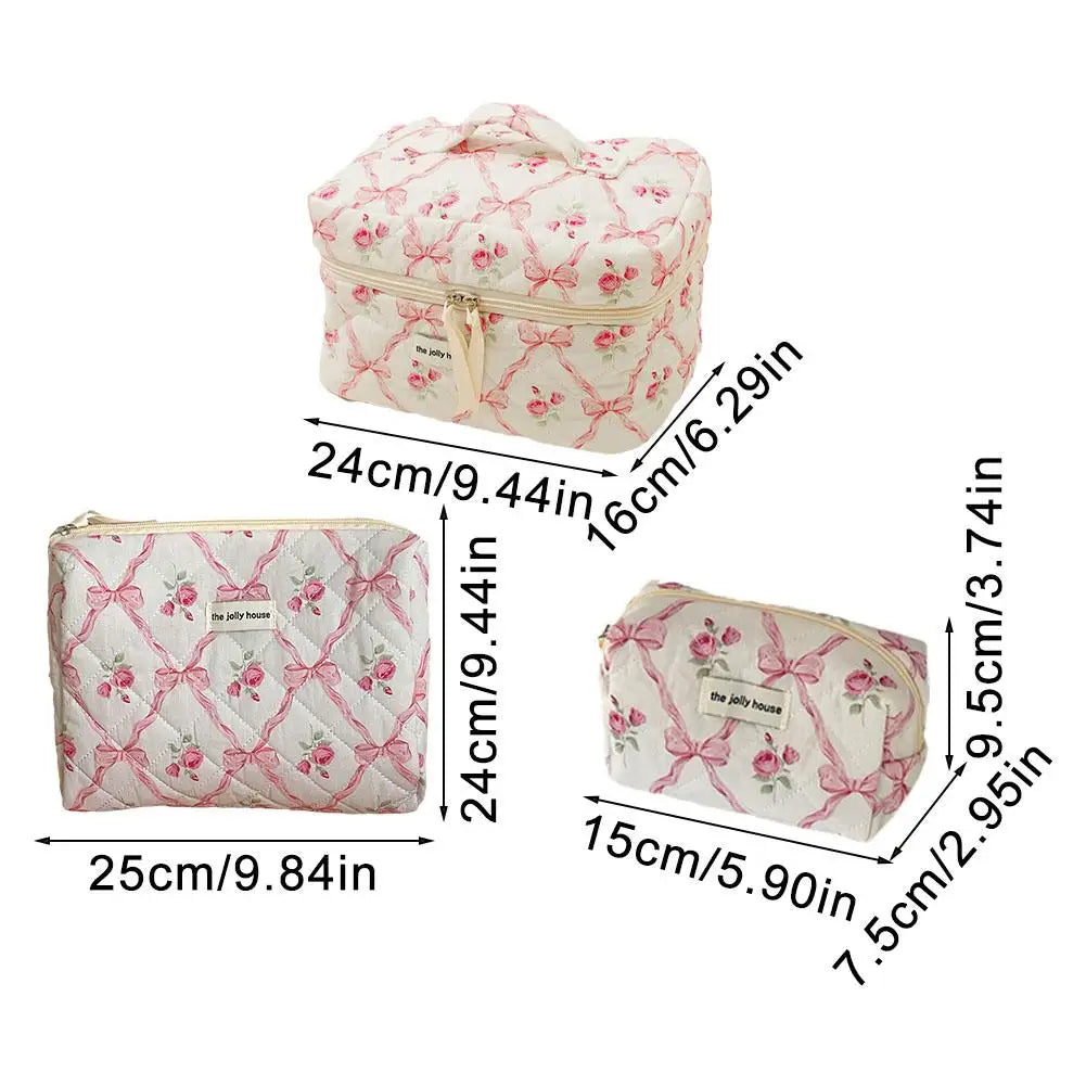 Trousse de maquillage matelassée à motif floral et nœud pour femme, organiseur de cosmétiques à fermeture éclair, sac à main en tissu, trousse de toilette portable pour filles
