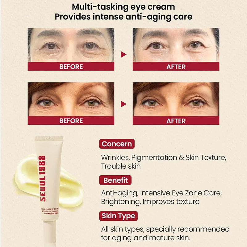 SEOUL 1988 Essence, Crème contour des yeux hydratante à la vitamine C et à l'acide hyaluronique. Atténue les taches, resserre les pores. Soins de la peau.