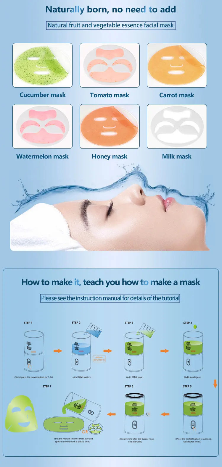 Machine à masques faciaux pour soins du visage DIY automatique à base de fruits et légumes naturels et de collagène, pour usage domestique, salon de beauté, spa