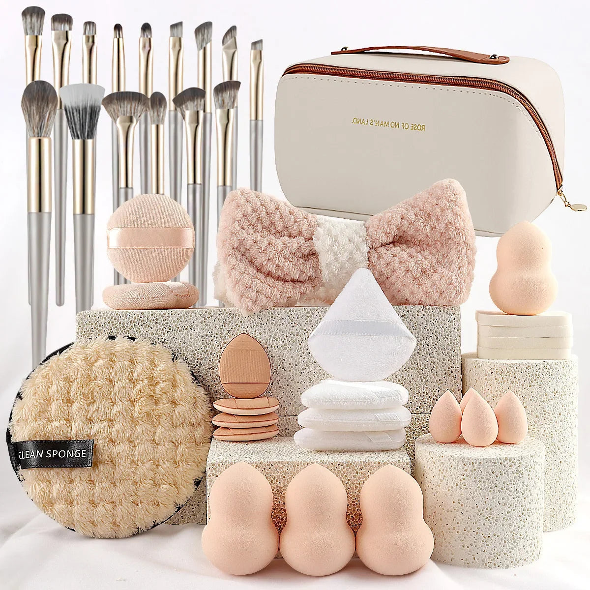 Ensemble de 36 outils de beauté avec sac carré, 15 pinceaux de maquillage, houppette, ceinture pour cheveux