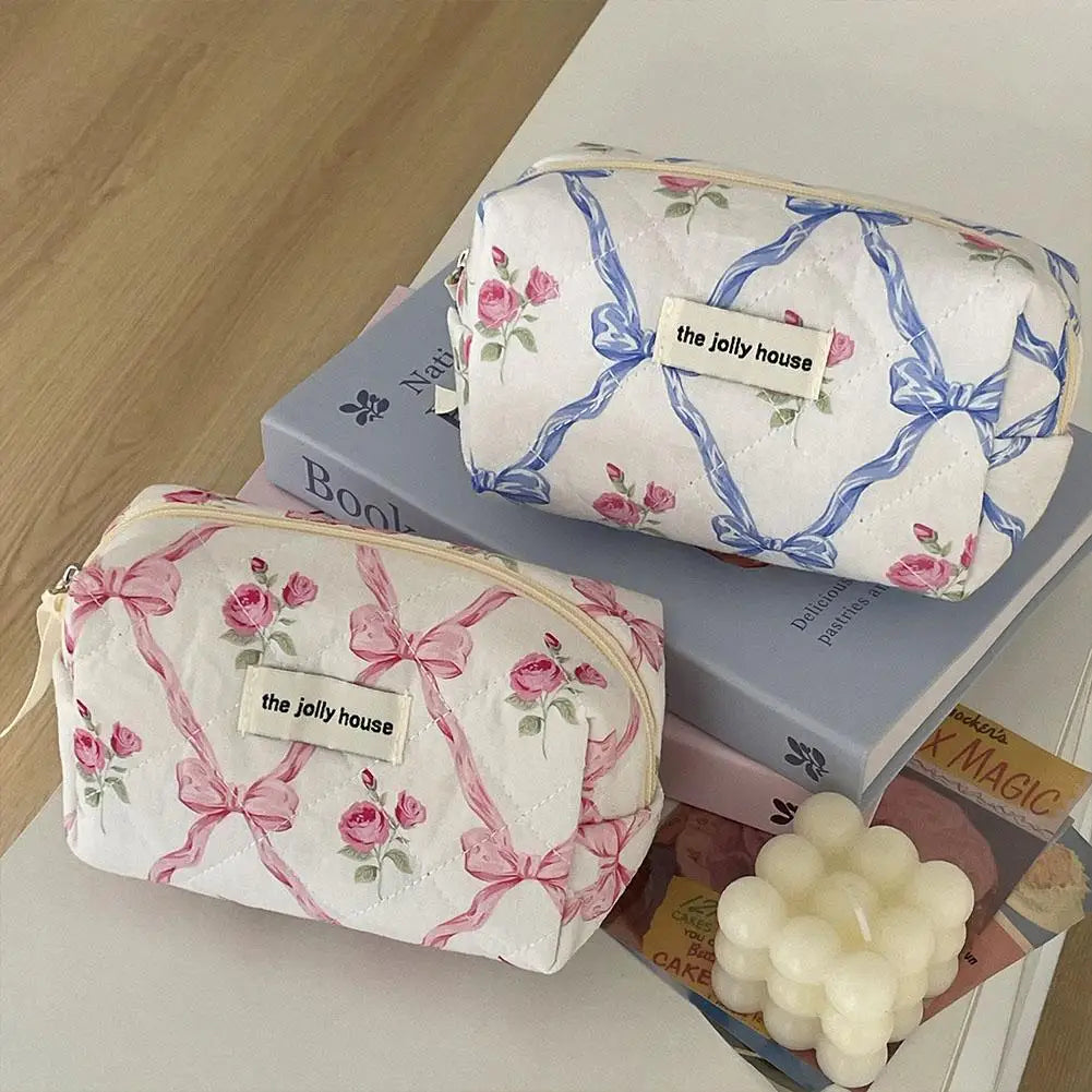 Trousse de maquillage matelassée à motif floral et nœud pour femme, organiseur de cosmétiques à fermeture éclair, sac à main en tissu, trousse de toilette portable pour filles