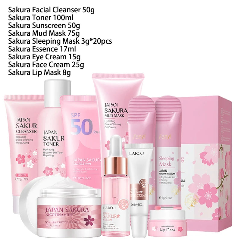 Kit de 9 produits pour le visage Sakura, ensemble de soins pour la peau, nettoyant pour le visage, crème pour le visage, crème solaire, masque pour le visage, crème pour les yeux, produit de soin coréen
