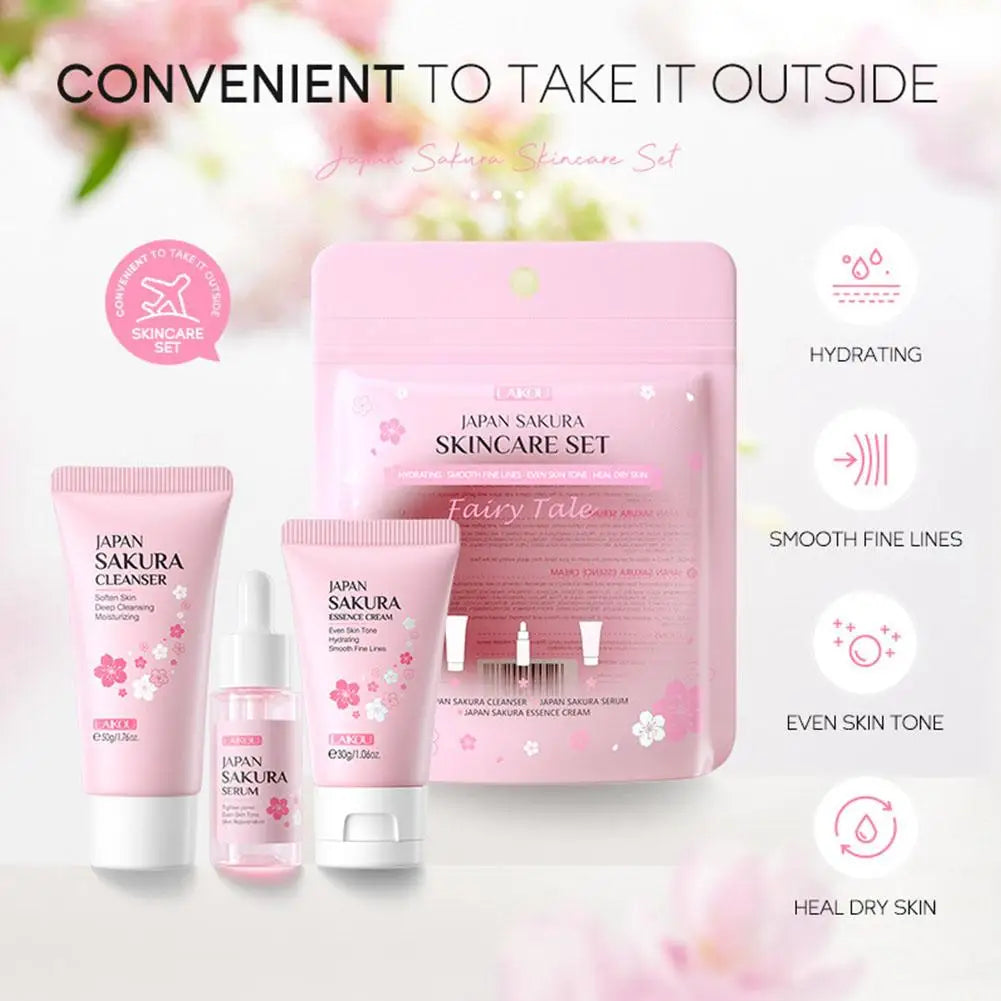 Coffrets de soins de la peau Sakura avec nettoyant, sérum, crème pour les yeux, crème pour le visage, produits de beauté solaires pour femmes, kit de soins de la peau de voyage