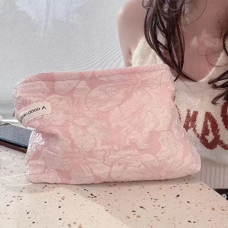 Trousse de maquillage florale pour femme, trousse de maquillage avec broderie coréenne, trousse de toilette de voyage en velours côtelé