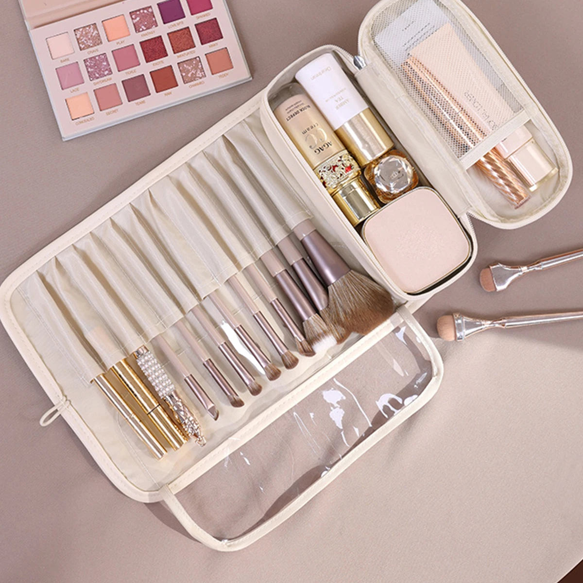 Trousse de maquillage portable en PU, multifonctionnelle et pliable, organiseur de voyage pour cosmétiques, pinceaux, crayons à sourcils, rangement, idée cadeau pour les vacances