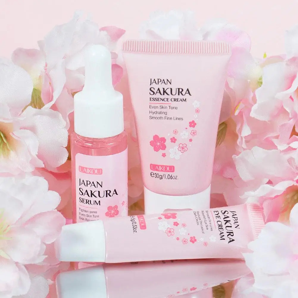 Kit de soins de la peau Sakura pour femmes, 3 pièces, crème pour le visage, essence pour le visage, sérum pour les yeux, coffret cadeau