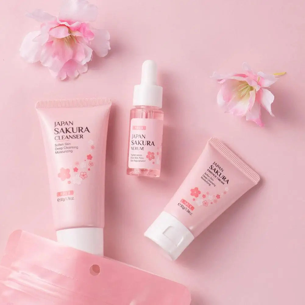 Coffrets de soins de la peau Sakura avec nettoyant, sérum, crème pour les yeux, crème pour le visage, produits de beauté solaires pour femmes, kit de soins de la peau de voyage