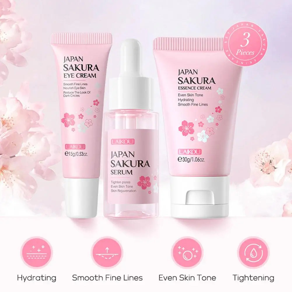 Kit de soins de la peau Sakura pour femmes, 3 pièces, crème pour le visage, essence pour le visage, sérum pour les yeux, coffret cadeau