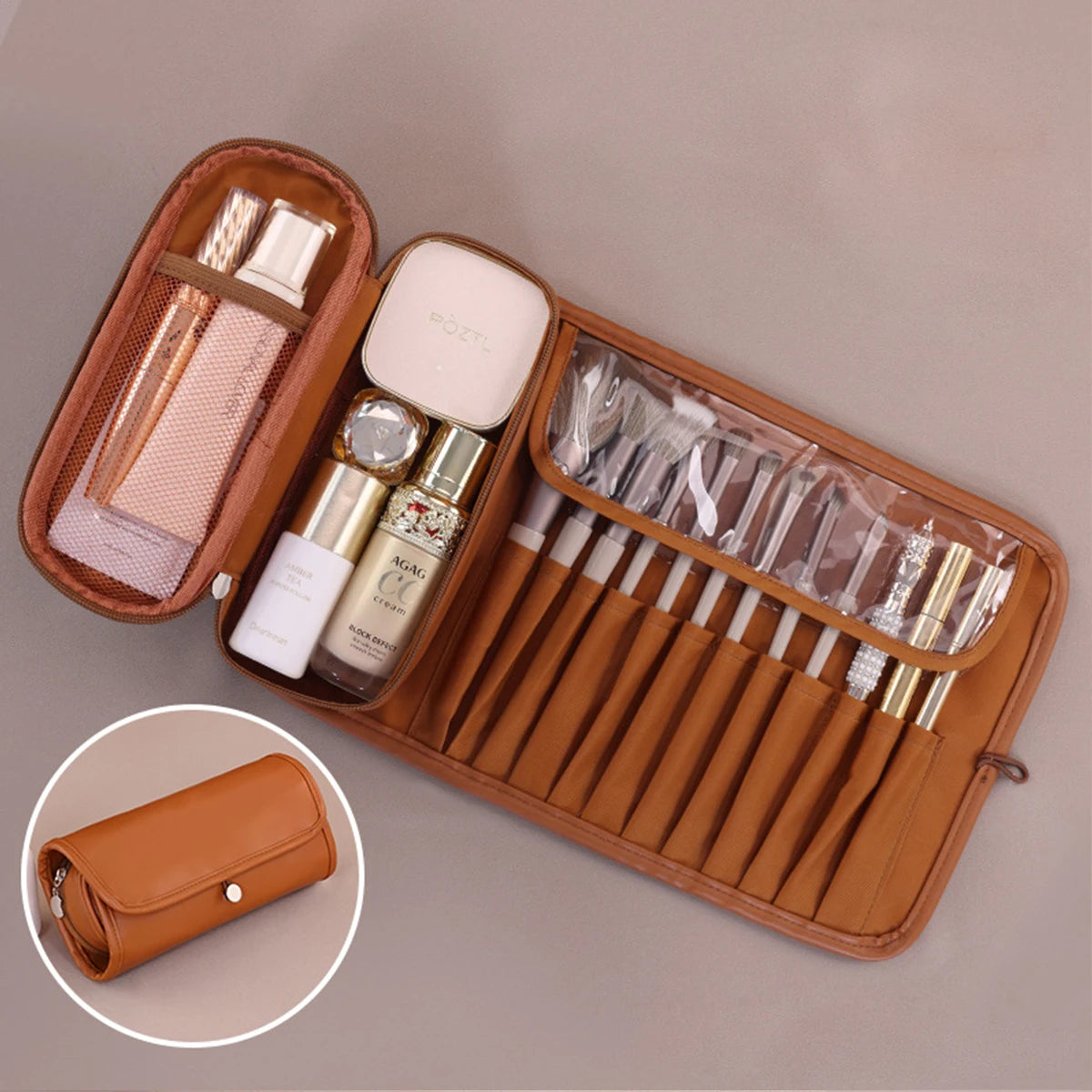 Trousse de maquillage portable en PU, multifonctionnelle et pliable, organiseur de voyage pour cosmétiques, pinceaux, crayons à sourcils, rangement, idée cadeau pour les vacances